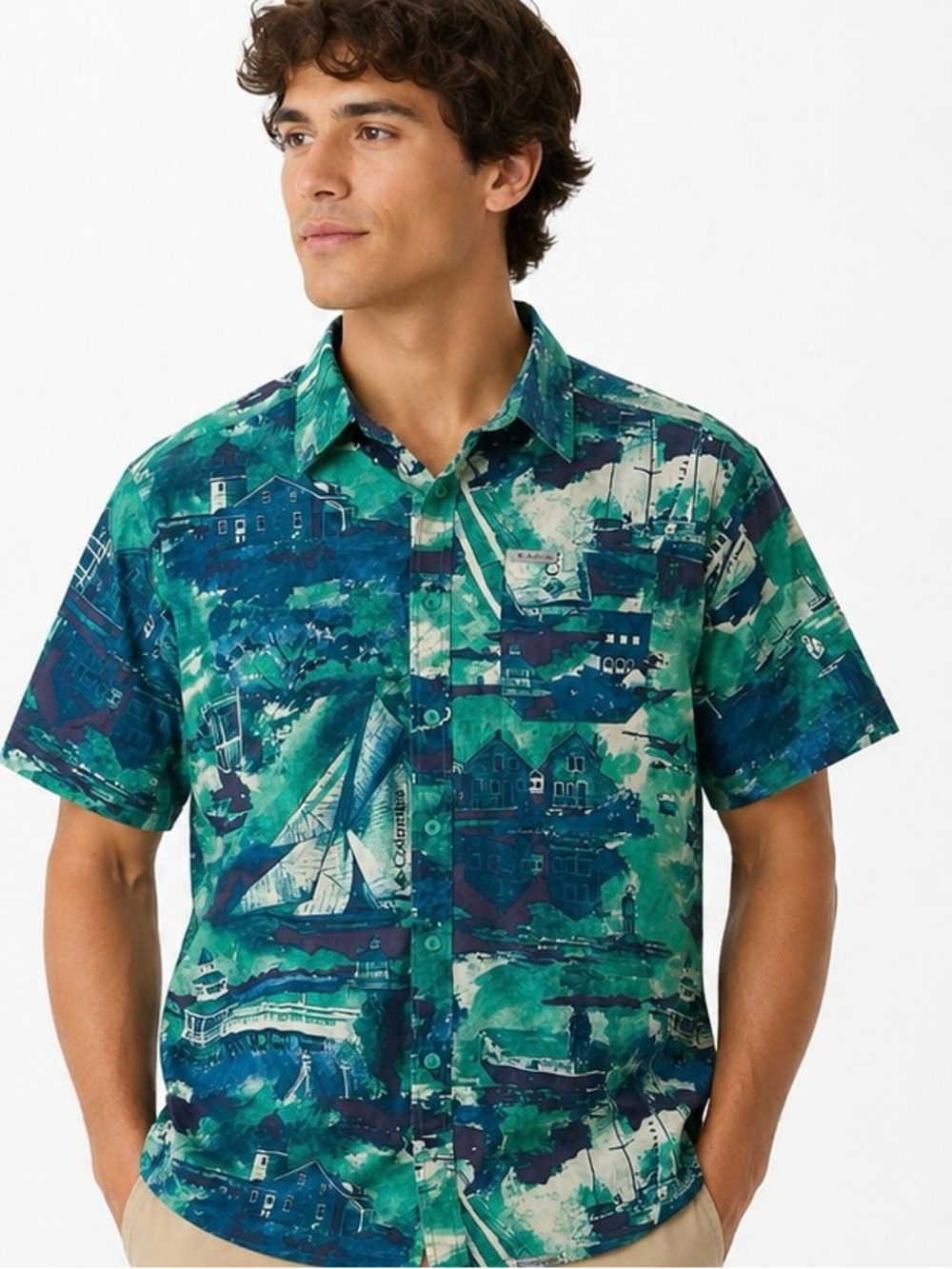 Columbia Button Up Shirt Mens Large Green Nautical Print Short Sleeve Coastal